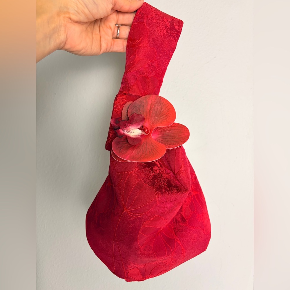 NEW Red Jacquard Pouch with Flower Appliqé